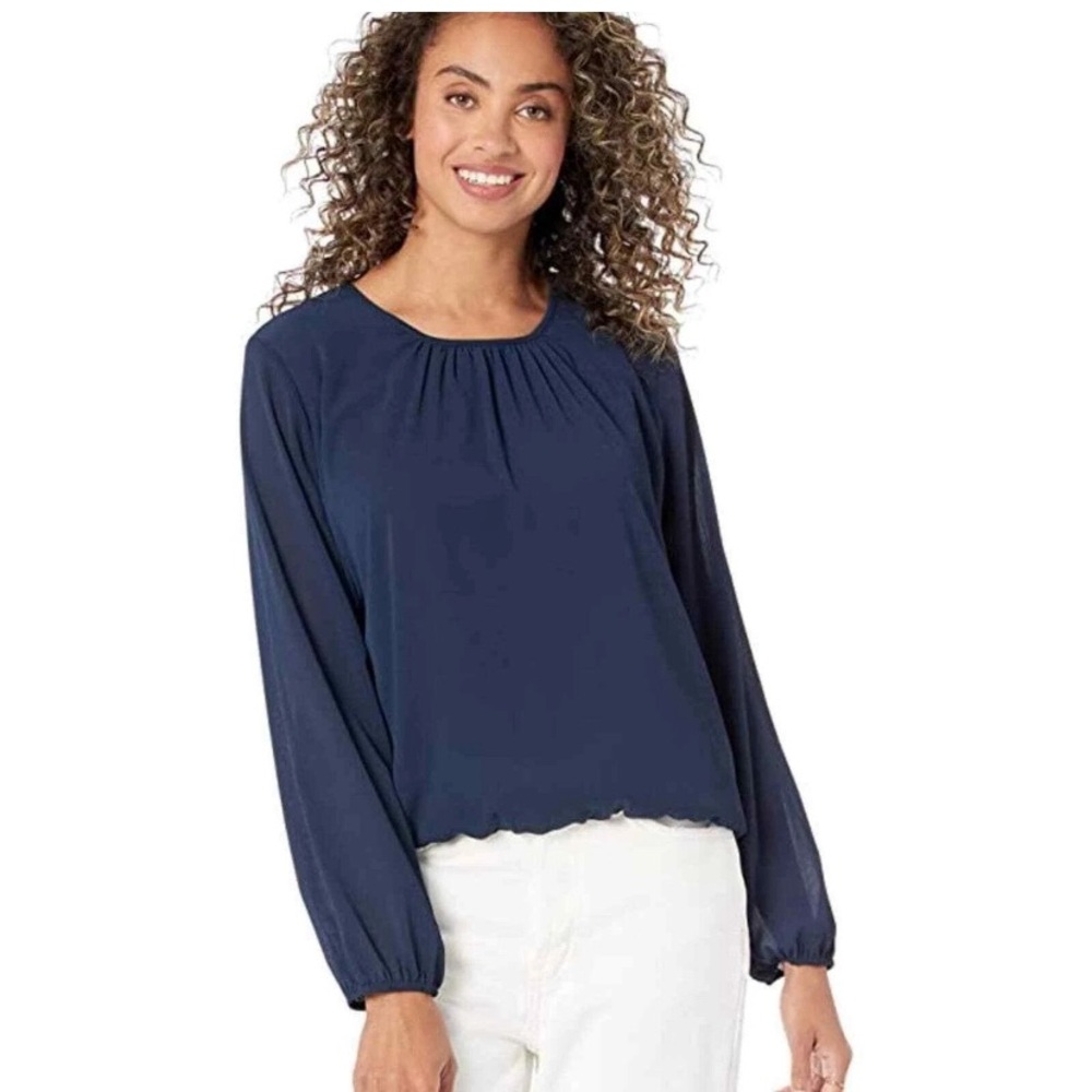 Tommy Hilfiger Navy Bubble Blouse Large Puff Sleeve Elastic Hem Top